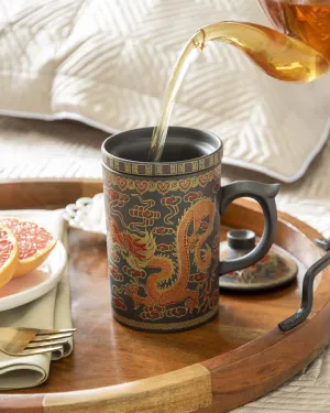 'Dragon' Stoneware Lidded Mug - Dark Brown