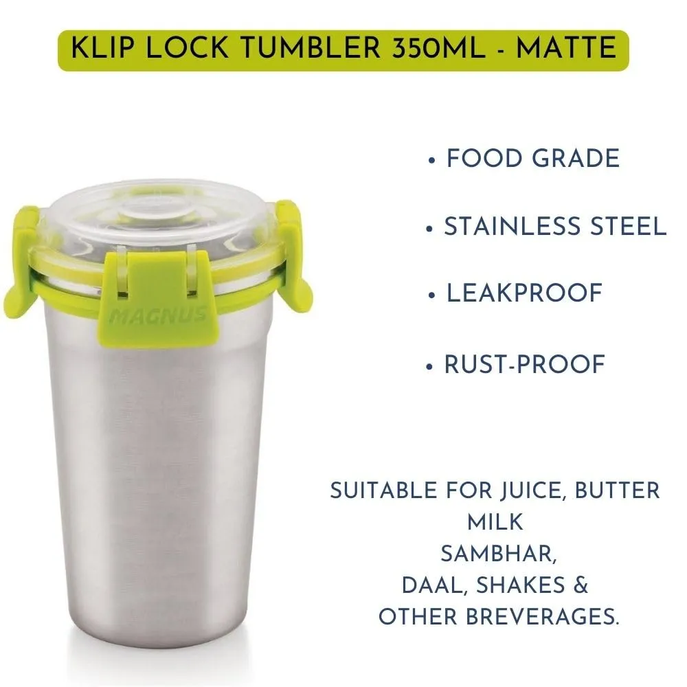 Magnus Stainless Steel Matte Klip Lock Tumbler with Lid and Straw - 350ml | Leak-Proof & Airtight Tumbler - Ideal for Travel, Office, Kids | Perfect for Juice, Buttermilk | Pack of 4