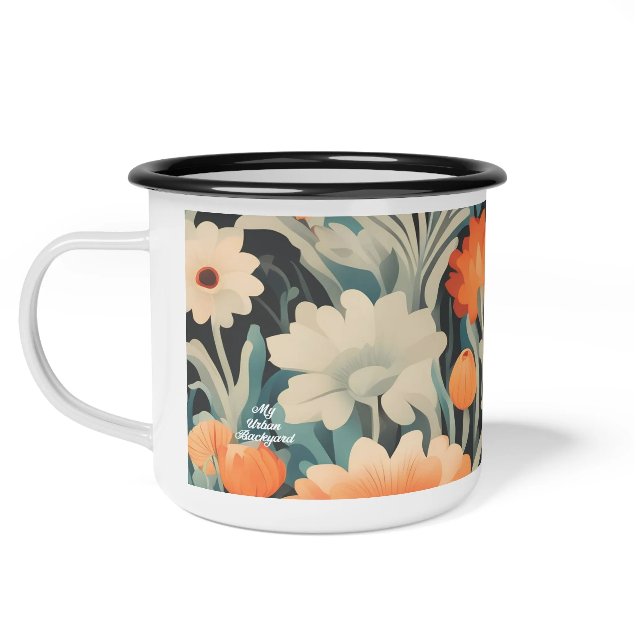 Orange and White Flowers, Enamel Camping Mug for Coffee, Tea, Cocoa, or Cereal - 12oz