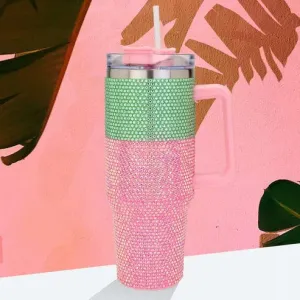 Pink and Green Glam Bling Studded Color block 40oz Stainless Steel Tumbler With Handle