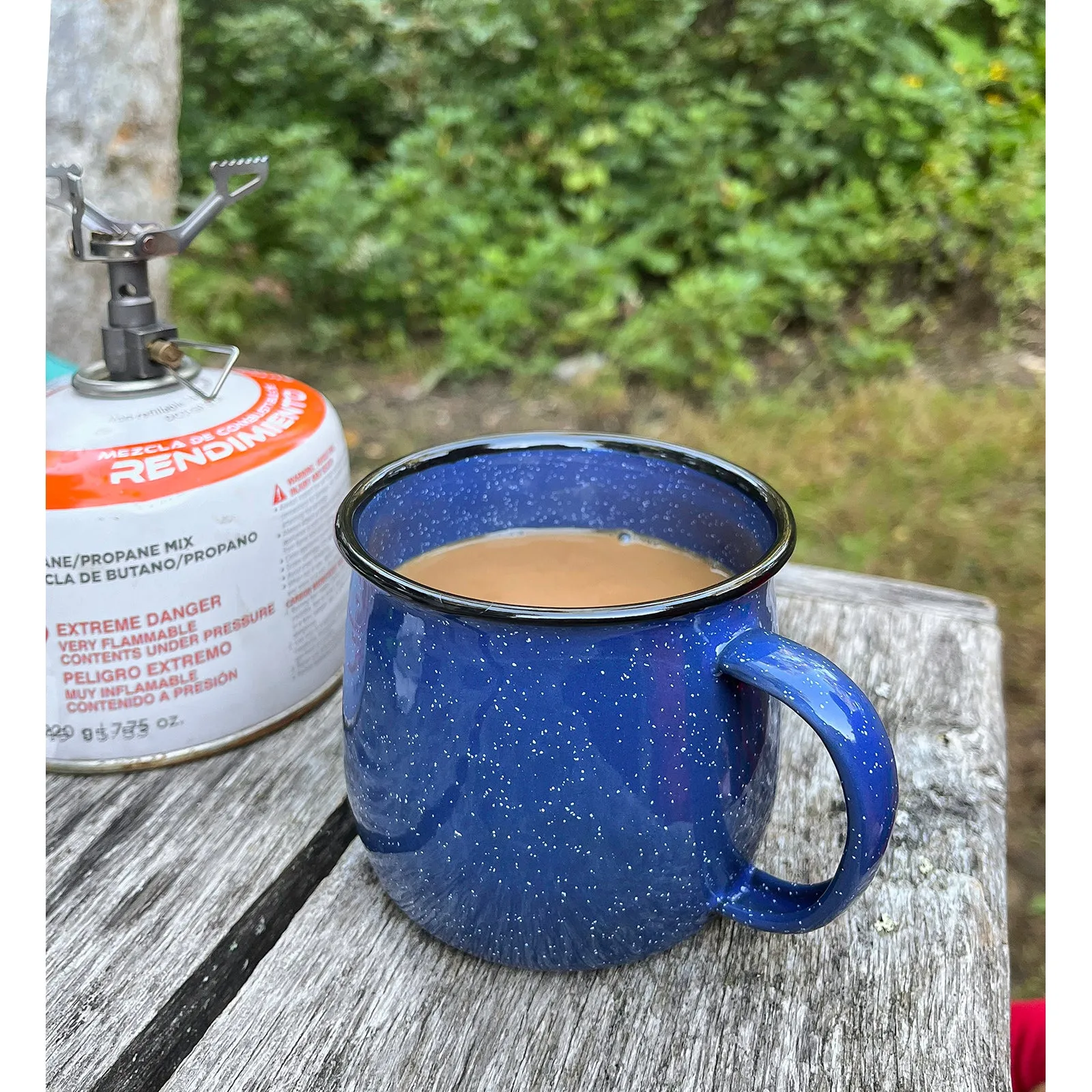 Red Co. Set of 4 Enamelware Metal 13.5 Oz Round Camping Coffee Mugs with Handle, White-Speckled/Black Rim