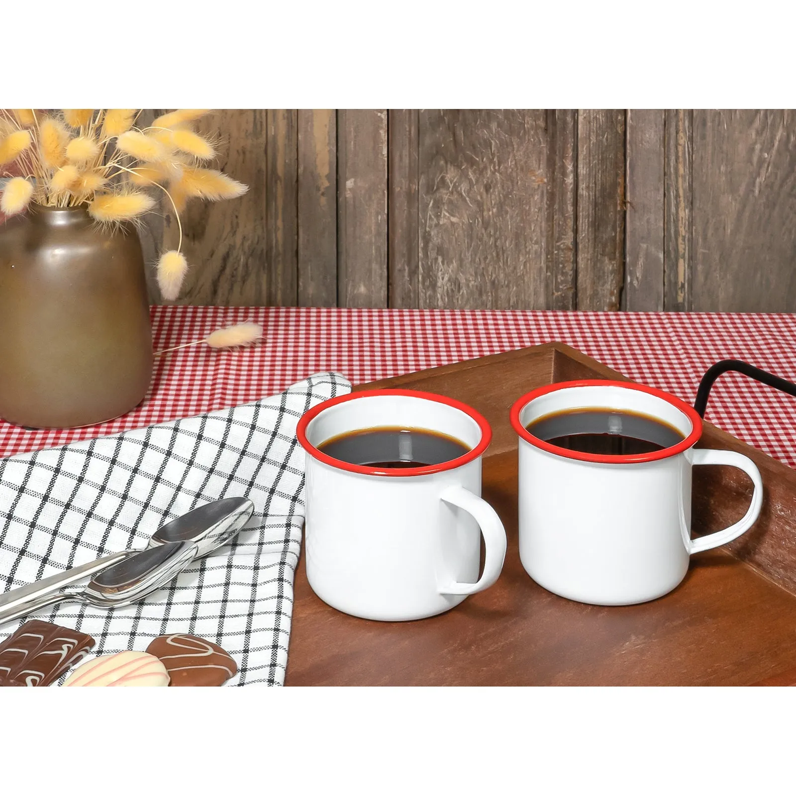 Red Co. Set of 6 Enamelware Metal Medium Classic 12 Oz Round Coffee and Tea Mug with Handle, Solid White/Colored Rim